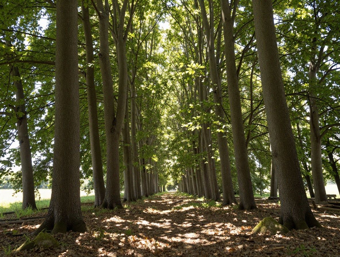 Ciepłe promienie słońca przebijające się przez zielone liście drzewa w lesie, tworząc efekt bokeh — symbolika związana z biosyntezą witaminy D pod wpływem promieniowania UVB