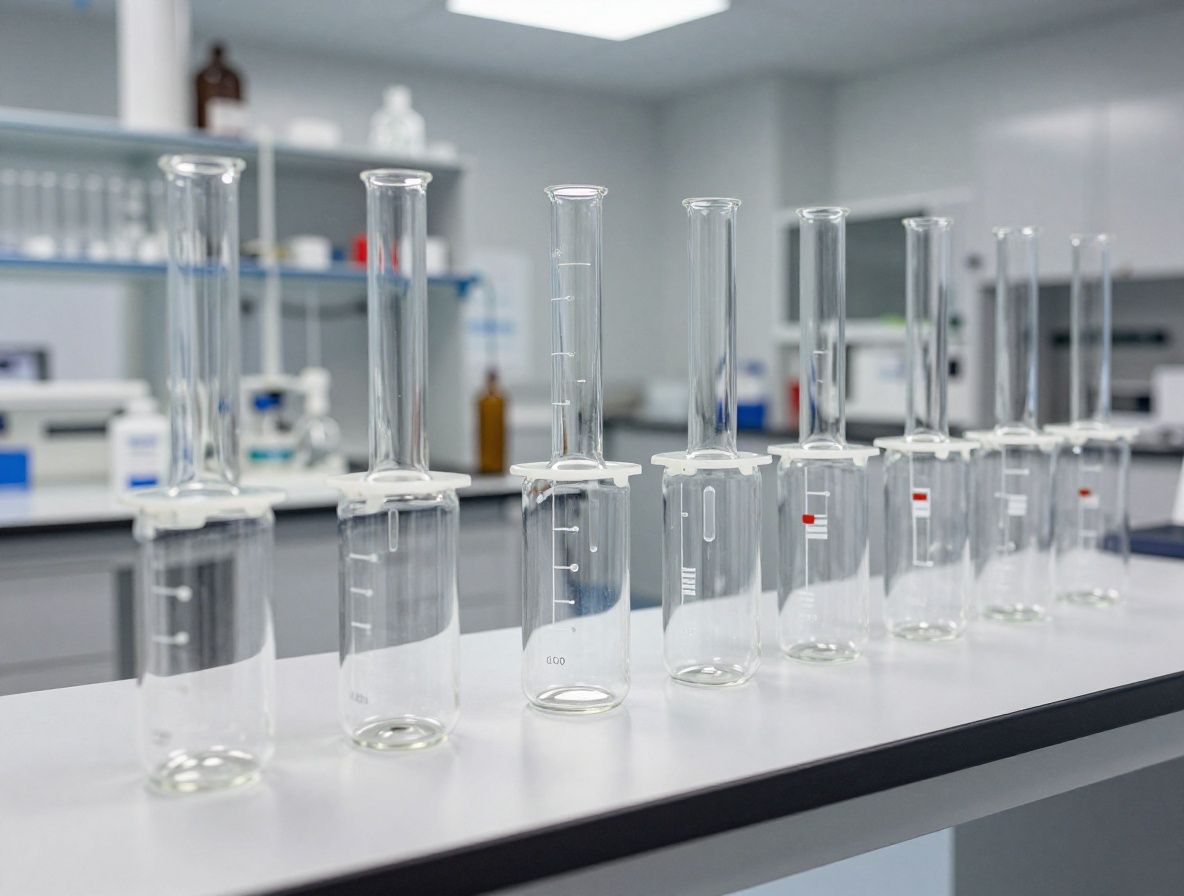 Czyste laboratorium badawcze z szeregami szklanych kolb Erlenmeyera i pipet na białych stołach, miękkie niebiesko-białe oświetlenie fluorescencyjne, perspektywa korytarzowa podkreślająca głębię pomieszczenia